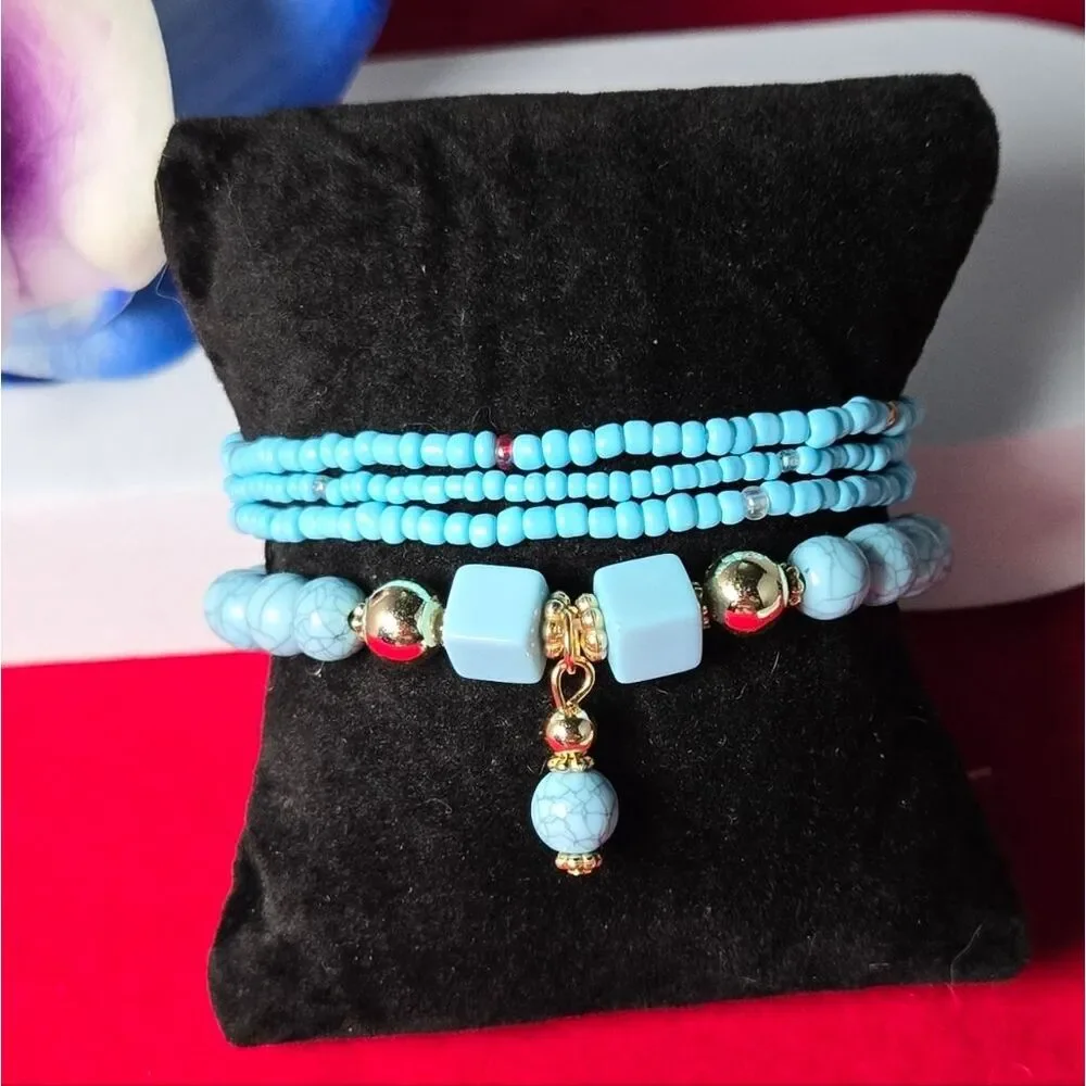 Turquoise Beaded Bracelet Set Gold Charm Stack Boho Stretch Western Southwestern